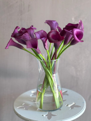 15 фиолетовых калл в вазе
